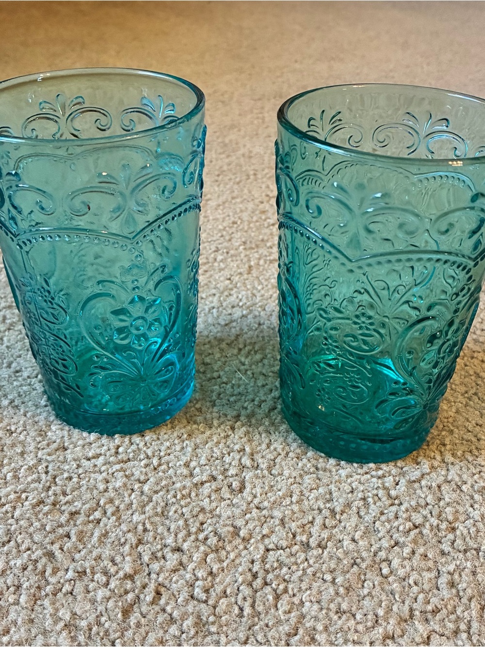 The Pioneer Woman Amelia Teal Glass Tumbler Set of 2 15oz PW Logo •••Damaged•••